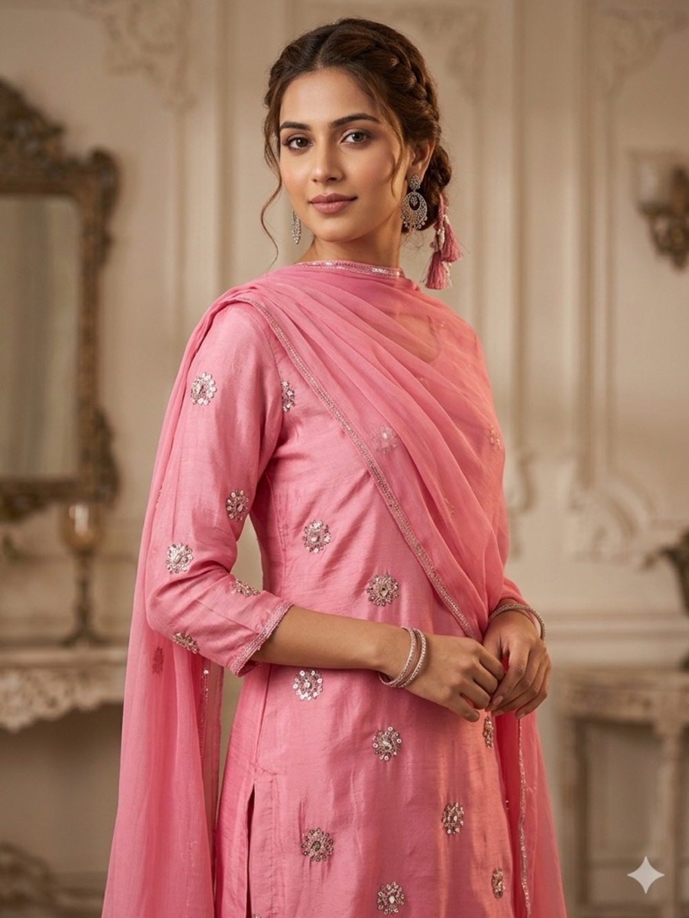 Exquisite Rani Pink Hand-Embroidered Kurta Set with Dupatta EUC